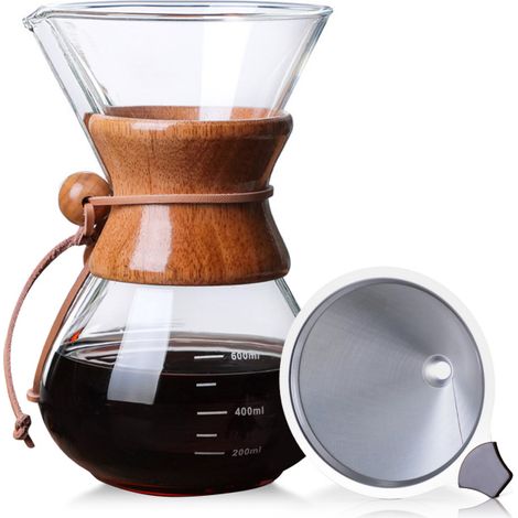 Cafetera de filtro manual de 590 ml (20 oz) con jarra de vidrio sin papel, filtro de acero inoxidable y caja de madera. (1/5)
