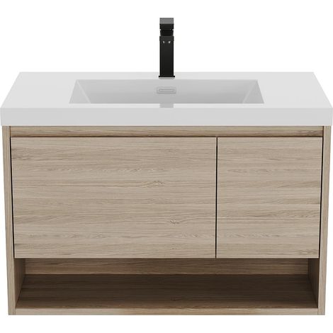 Mobile per bagno sospeso lavabo singolo 90 cm Naturale chiaro con rubinetto - PUJUKA (1/5)