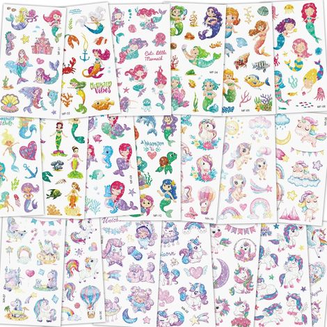 Tatuaggi temporanei per bambini, 20 fogli di tatuaggi temporanei impermeabili con glitter a tema unicorno e sirena, ideali per feste di compleanno a tema unicorno e sirena per bambini e bambine.