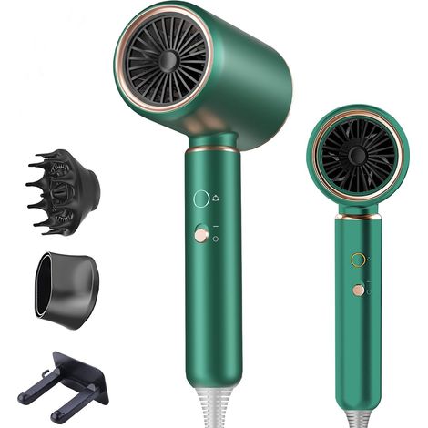 Sèche-cheveux 2200W avec moteur AC durable, technologie ionique anti-frisottis, 4 températures et 2 vitesses, touche air froid, Seche cheveux avec diffuseur et concentrateur (Vert) (1/5)