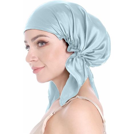 Bonnet de nuit en pure soie pour cheveux bouclés, avec bandeau élastique, taille unique, idéal pour protéger les cheveux, bandeau en soie pour soin capillaire, bleu. (1/5)