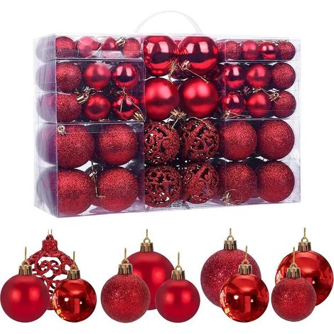 QAZQA Lot de 100 boules de Noël rouges pour sapin de Noël, décorations scintillantes, opaques, brillantes, Ø 3, 4 et 6 cm (1/5)