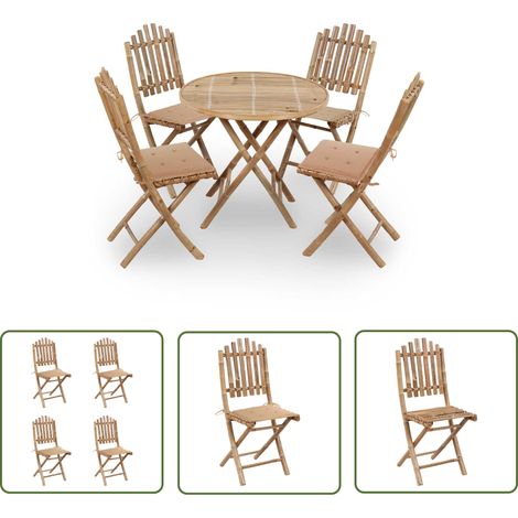 The Living Store Mobilier à dîner d'extérieur pliable 5 pcs avec coussins bambou - Salon De Jardin - Mobilier De Jardin - Set De Table - Meubles En Bambou - Table Pliante (1/5)