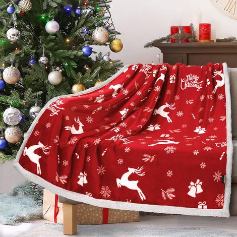 Plaid De Noël - En Flanelle Double Épaisseur - Motif Cerf Clochettes Géométrique - 70 x 100 cm - Rouge - 1 Pièce (1/5)