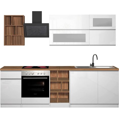 Dmora - komplette Küche Ronald, praktische und platzsparende Küche, Küchenwand mit 5 Türen und 1 Schublade, 100 % Made in Italy, 255 x 60 x 85 cm, glänzendes Weiß und Eiche (1/5)
