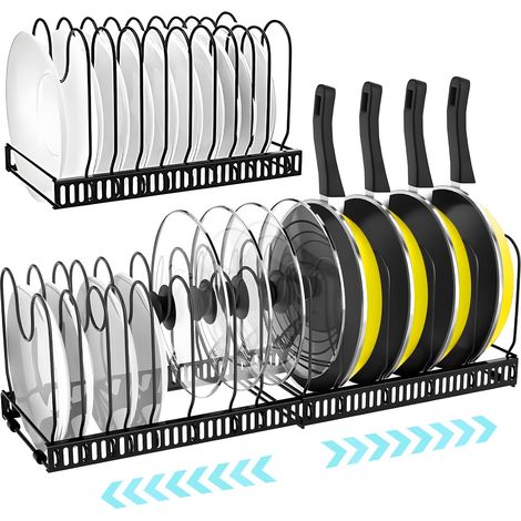 1 Support de casserole extensible, 14 séparateurs réglables, organisateur tiroir cuisine, rangement poêles et couvercles, noir