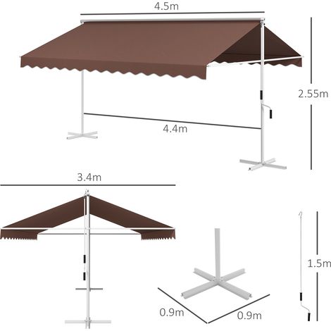 Auvent debout 4,5x3,4 m auvent de jardin manivelle à manivelle toit extensible de patio protection solaire réglable polyester café