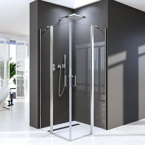 Duschkabinen Pendeltür 90x90 cm Eckeinstieg Duschabtrennung Schwingtür mit Fester Segment Eckdusche Doppelter Pendeltür Dusche, 6mm Nano Beschichtung ESG Glas, Duschwand Höhe 185cm