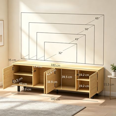 Meuble TV 180 cm, support téléviseur jusqu'à 82 pouces, buffet TV 4 portes push-open, meuble bas salon design (1/5)