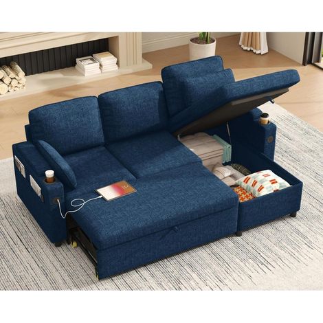Schlafsofa L-Form ausziehbar mit Stauraum, USB, Becherhalter, blau (1/5)