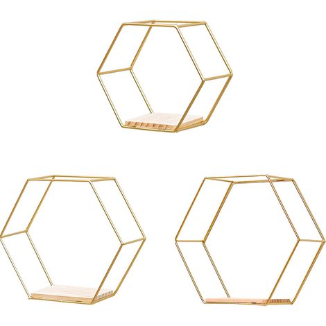 Estantería de pared hexagonal de estilo vintage • Juego de 3 piezas de madera y hierro • Negro/Dorado • Tamaños S/M/L • Diseño flotante y ecológico para interiores modernos (1/5)