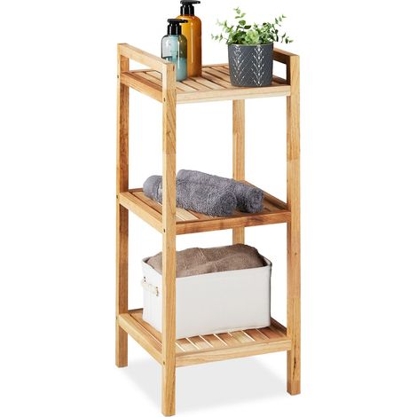 Relaxdays Badregal, Walnuss, 3 Ablagen, HxBxT: 81 x 35 x 35 cm, Standregal für Badezimmer & Küche, freistehend, natur
