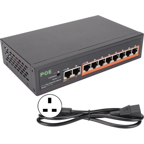 Commutateur PoE 8 ports 10/100Mbps 90W RJ45 avec voyants LED, boîtier en alliage d'aluminium, adaptateur secteur prise UK. (1/5)