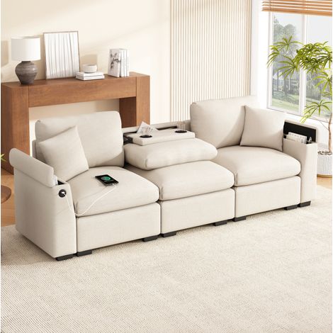 Canapé 3 places en chenille beige 242 cm avec tablette rabattable, USB, porte-gobelet et rangements (1/5)