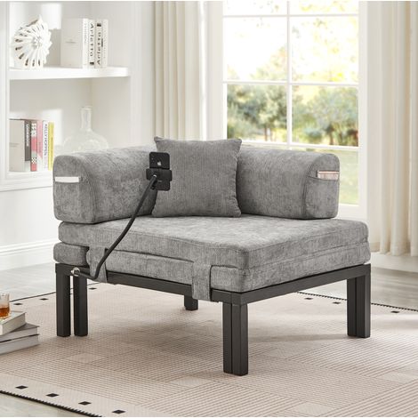 Sofá cama plegable individual, cama extraíble multifuncional que ahorra espacio, madera maciza y terciopelo gris claro (1/5)