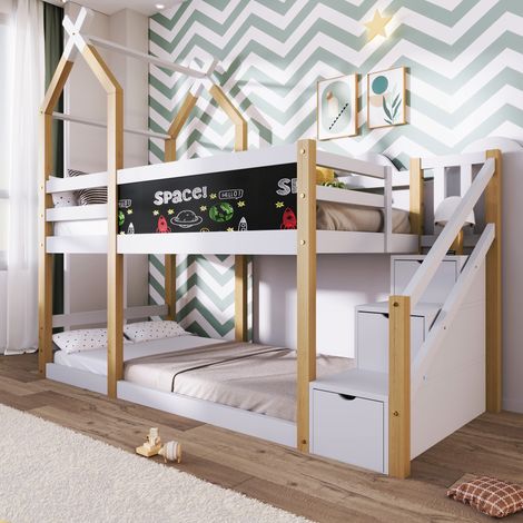 Letto a castello bambini 90x200 cm con lavagna nera e reti a doghe, bianco, senza materasso (1/5)