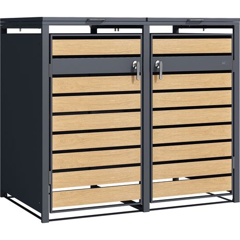 Axi Lucas Cache Poubelle Métallique Anthracite/Aspect Bois - Abri Poubelle Pour 2 Conteneurs - Max. 240L - Abri Poubelle Extérieur Avec Excellente Ventilation