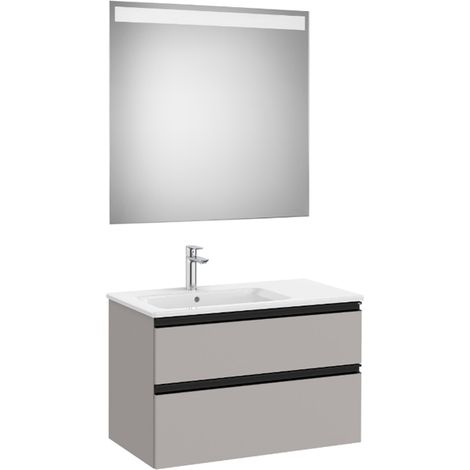 Pack meuble "The Gap" 800 - 2 tiroirs + lavabo slim gauche + miroir LED - gris moyen mat/poignées noires - Roca (1/2)