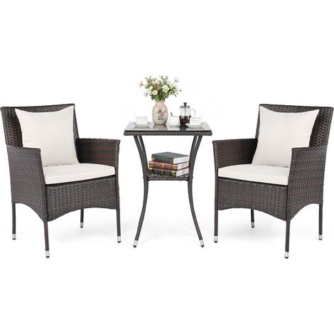 Salon de Jardin 3 PCS en Osier PE, 2 Chaises Rembourrées et 1 Table Basse en Verre Trempé à 2 Niveaux, pour Balcon Jardin (Marron+Blanc) (1/5)