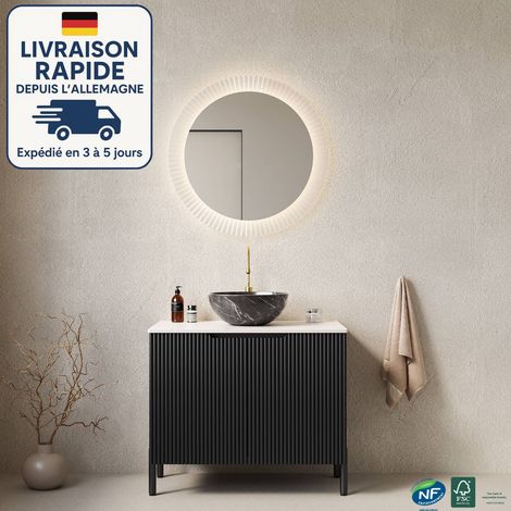 Mueble de baño de 76 cm - Con lavabo con estampado de piedra - Encimera de piedra de Carrara sinterizada blanca - Armarios de doble puerta a rayas - Lacado negro - A (1/5)