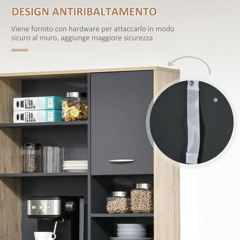 Armoire de cuisine moderne gain de place, 90x39x169cm, Gris Chêne Clair, 2 placards, 3 tiroirs, 3 étagères en bois (1/5)