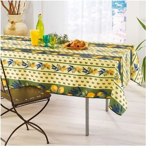 Nappe Provençale Rectangle Anti-Tâche 100% Polyester - Citron - 240 x 150 cm - Vert (1/3)