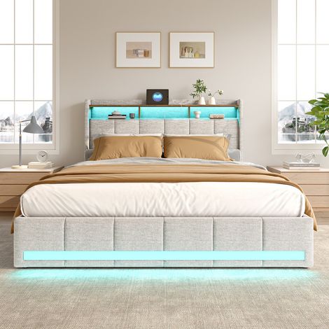 Cadre de lit complet avec tête de lit bibliothèque, cadre de lit tapissé avec 4 tiroirs de rangement, lit plateforme tapissé avec station de recharge USB-C et USB et lumières LED, beige, 140200cm (1/5)