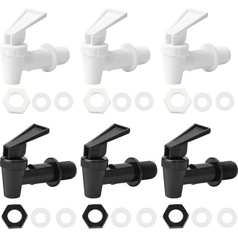 Set of 6 Plastic Beverage Dispensers - Replacement Taps - For Hot and Cold Drinks - For Beer Kegs, Glasses, Coffee, Juice, Water Dispensers - Black and White (1/5)