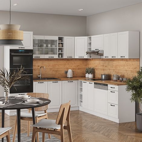 Cocina esquinera R-Line, Blanco casa de campo/Blanco, 247 x 237 cm, ET Mármol, Vicco