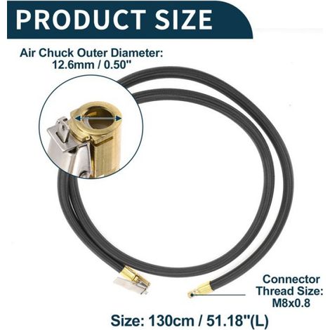 Pièce de pompe à pied Tuyau gonflage 0,305" x 32TPI Adaptateur Valve pneu Noir 1 Ensemble 130 cm 12,6mm OD Indégonflable (1/5)