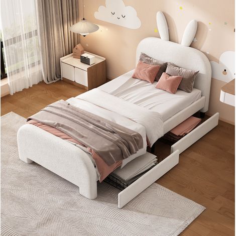 Letto singolo 90x200 cm bianco in peluche e MDF con testiera coniglio e 2 cassetti (1/5)