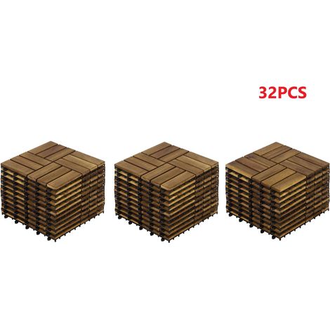 Dalles bois d'acacia Lot de 32 pièces 30x30cm Dalles de terrasse clipsables Jardin Extérieur et intérieur Amovible Pour balcons et piscines