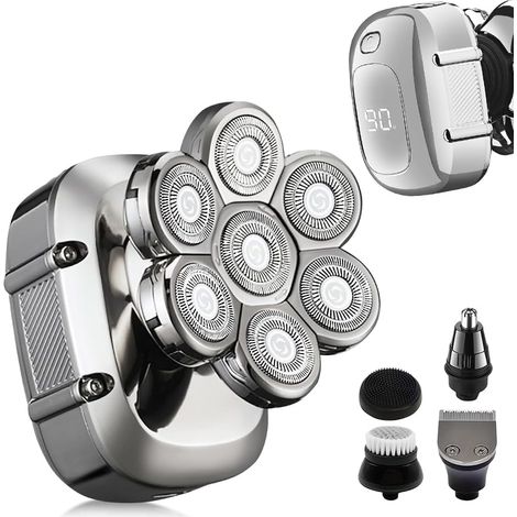 Rasoio elettrico 5 in 1 7D per uomo calvo, utilizzabile a secco e bagnato, impermeabile, rasoio rotante senza fili per uomo per testa/viso, set per la cura del naso (1/5)