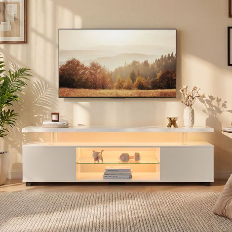 Mobile porta TV per TV LED da 60 pollici, centro di intrattenimento per videogiochi, consolle multimediale e ampio vano laterale per soggiorno (bianco)