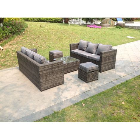 Fimous Dark Grey Rattan Garden Outdoor Sofa Set Square Coffee Table Small Footstools 8 Seater (1/2)