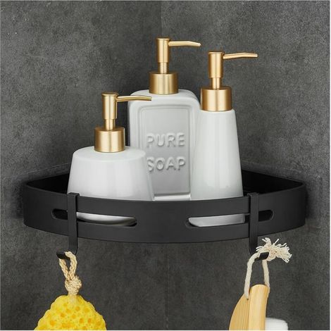 Corner Shower Shelf, No Drilling Required, Metal with 2 Rustproof Hooks for Bathroom (Black) (1/5)