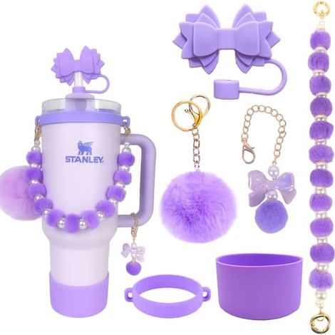 Ensemble d'accessoires pour arrosoir, chaîne de perles, cordelette, chapeau de paille à motif de bégonia, manchon en silicone pour tasse et pendentif pompon, nœud de fleur violette, ensemble de 6 pièc (1/5)