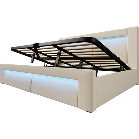 Cama canapé 180x200 cm de terciopelo beige con LED, puertos USB y USB-C, HOMVRA (1/5)