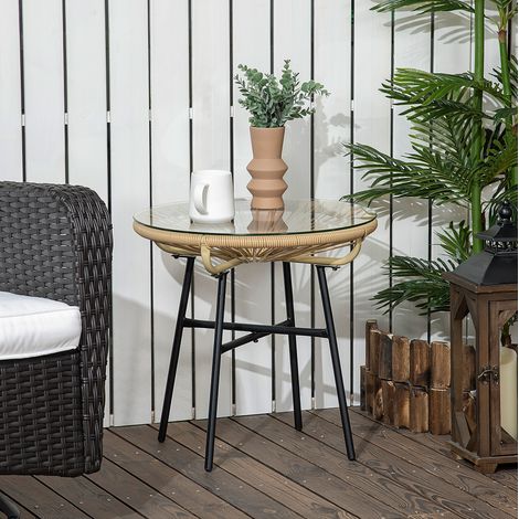 Runder Gartentisch aus gehärtetem Glas und beigem Polyrattan, 50 x 50 x 50 cm (1/5)