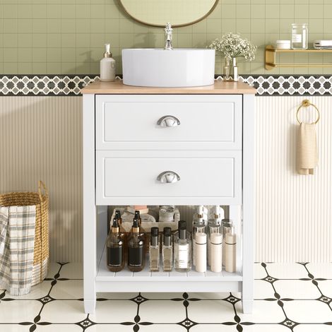 Mobile lavabo 60 cm, con lavabo rotondo in ceramica - mobile lavabo a vasca singola con 2 cassetti e 1 vano contenitore aperto - finitura effetto legno, bianco (1/5)