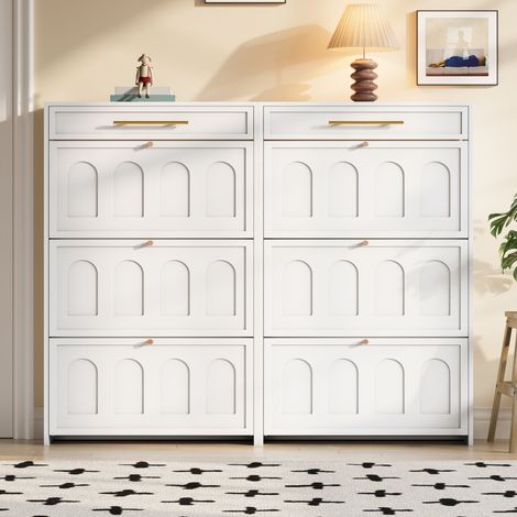 Zapatero blanco con 12 estantes ajustables y 2 cajones, ideal para recibidor, fabricado en MDF, 140x25x123,5 cm (1/5)
