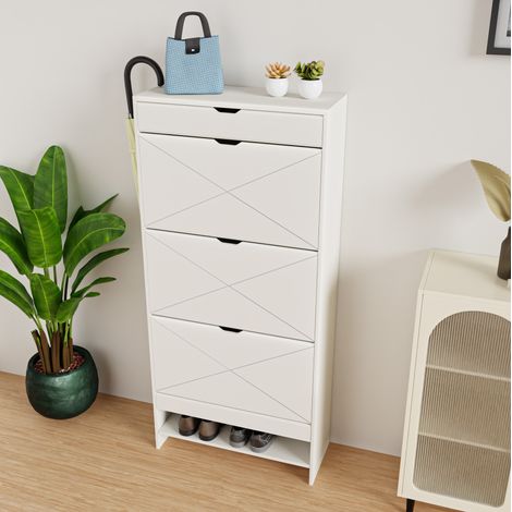 Mobile portascarpe a 3 ribalte con cassetto superiore, 2 livelli, MDF bianco HAVRYA (1/5)