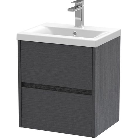 Square Wall Hung 2 Drawer Vanity Unit & Ceramic Basin, 500mm - Woodgrain Graphite Grey
