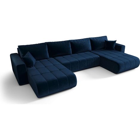 Canapé d’angle velours panoramique convertible avec rangement SVEN-Bleu foncé (1/4)