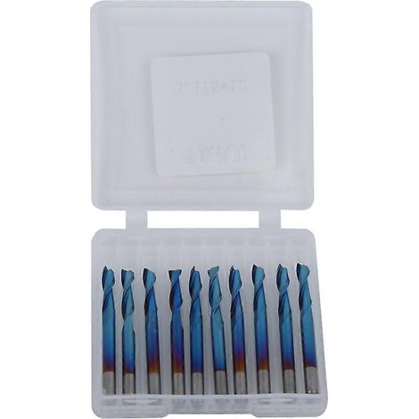 10 fraises en carbure, 2 dents, revêtement nano bleu, fond plat, 3,175 mm