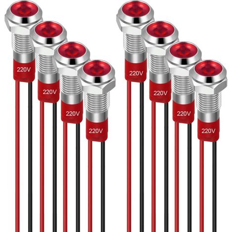 8 Stück 6-mm-LED-Anzeigeleuchten, 220–230 V, wasserdicht, für Metallpanel, Flachkopfmontage, mit Kabeln, silbernes Gehäuse, rot