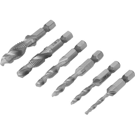 Jeu de 6 tarauds combinés à queue hexagonale, tarauds à goujures hélicoïdales, outil de taraudage en acier rapide, argent (1/5)