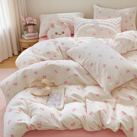 Housse de Couette 220x240 Rose Blanc Coeur et Nœud Papillon Parure de Lit Adulte 2 Personnes Microfibre Fille Sets de Housses de Couettes avec Fermeture Éclair et 2 Taies d'oreiller 65x65 (1/5)