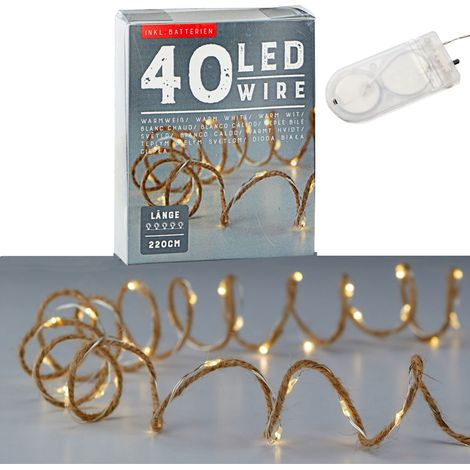 Guirlande lumineuse LED micro fil sur corde de jute blanc chaud L 240 cm avec 40 LED Éclairage de Noël fil lumineux Guirlande lumineuse décorative avec fonctionnement sur pile (1 x guirlande de