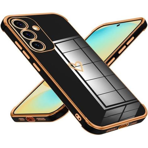 Coque pour Samsung Galaxy S25 avec motif cœur, protection caméra, TPU souple, galvanisé, noir (1/5)